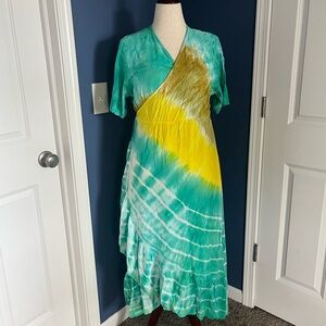 Vibrant Tie-Dye Midi Dress - Teal and Yellow